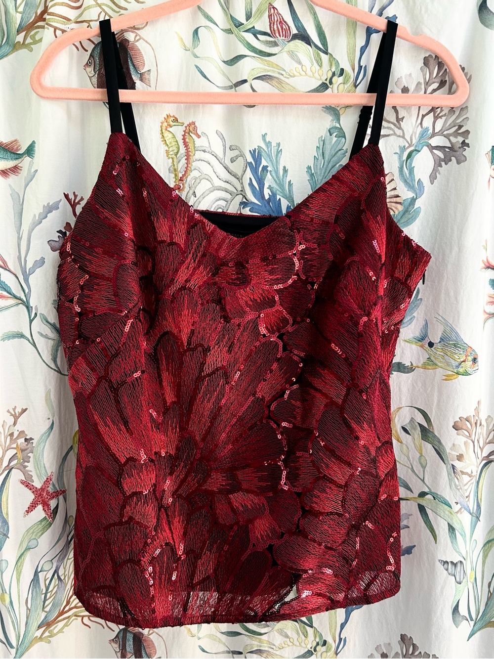 White House Black Market Sleeveless V-neck Embroidered Sequin Cami in Dark Rouge